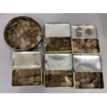 Large quantity of pre-decimal pennies and half pennies in tins