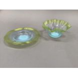 A Stevens and Williams vaseline glass bowl and stand with wavy edges, wide band of applied threading