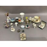 Various ornaments including dog, miniature vases, jug, George VI coronation mug and saucer by