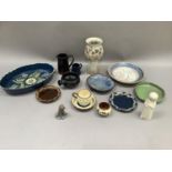Studio pottery and slip ware including a Watcombe cup and saucer and dish by David Rawnsley
