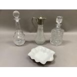 A silver plate mounted claret jug, two cut glass decanters and a Shelley dish