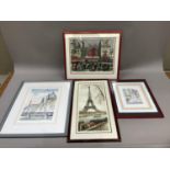 Colour print, The Eiffel Tower, together with another, The Moulin Rouge, and two views of Rome (4)