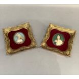 A pair of miniature portraits of elegant young ladies head and shoulders, oval in gilt swept frames,