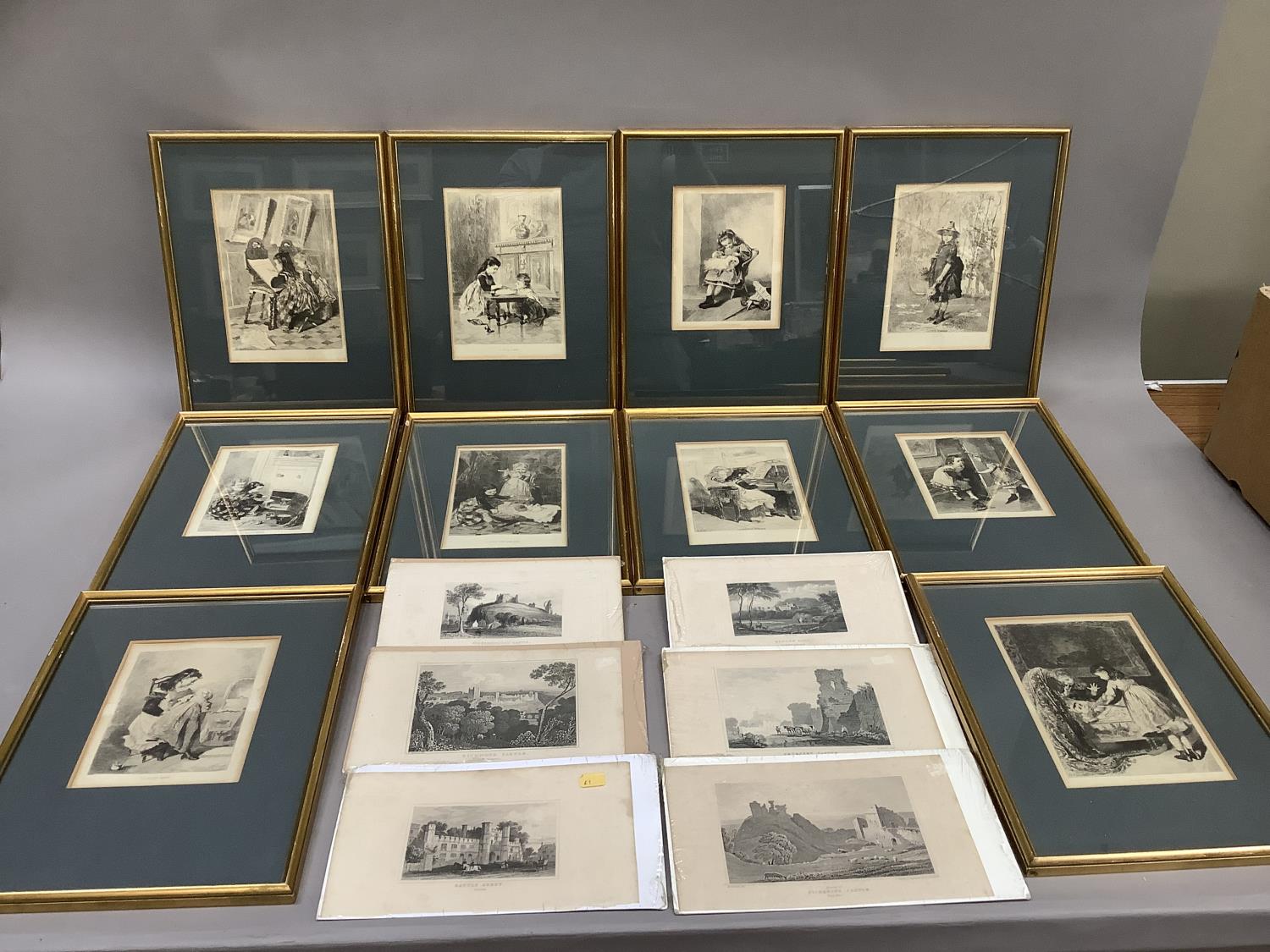 A set of ten black and white engravings of children in various pursuits each with title in French,