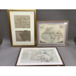 Two maps, framed and mounted as one including a map of the seat of War in Germany showing the places