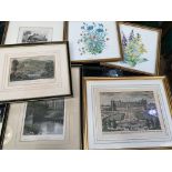 A pair of colour prints of floral studies together with engravings of Fountains Abbey, Otley and