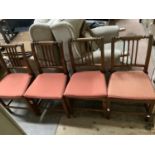 A set of six 19th century fruitwood country chairs having a turned top rail, four vertical bar back,