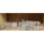 Cut and plain glass including a dessert set, milk jugs, fruit bowl, large water jug, wines etc.