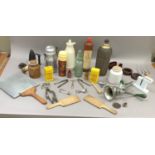 A collection of kitchenalia including a Spong mincer, aluminium food canister, thermos flasks, a