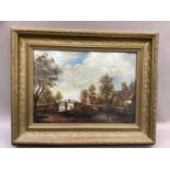 A village and river landscape with figures, oil on board, unsigned, 25cm x 35cm