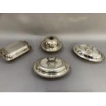 Three silver plated entrée dishes and covers and a muffin dish