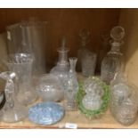 A pair and one other glass decanter, oil bottle, carafes, flower stands, dishes etc