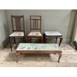 Two early 20th century mahogany bedroom chairs, a pair of dining chairs, a dressing stool with