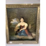 A Victorian portrait of a young woman sitting, bonnet in her hand, a basket beside her in a