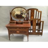 An Edwardian mahogany and satinwood banded dressing table with oval mirror and a single rail end