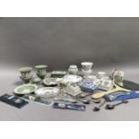 Wedgwood green Jasperware pair of vases, modern china trinket boxes, pin dishes, pair of short