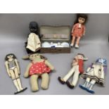 Three vintage cloth dolls, one cloth teddy bear and two plastic dolls together with a child's