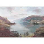 Arr Prudence Turner (1930-2007), Loch Ness, summer landscape with heather in bloom, oil on canvas,