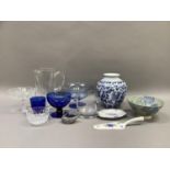 Blue and clear glass pedestal dishes, ice bucket, water jug, together with stoneware bowl, blue