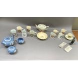 A Wedgwood blue jasper ware Elizabeth II teapot, sugar and cream together with a collection of