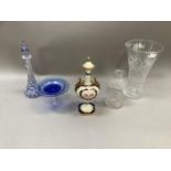 A Bohemian blue flash and clear glass decanter and stopper, flower vase, thistle shaped decanter (no