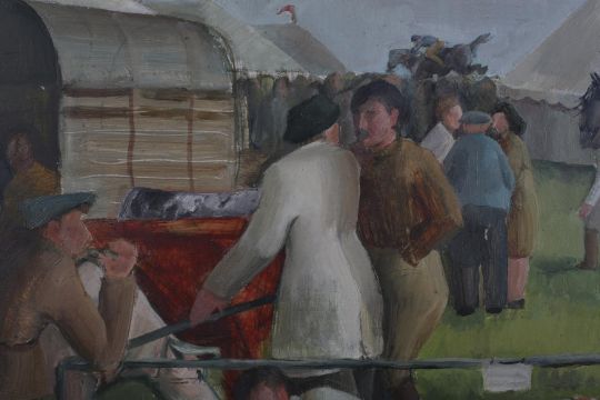 C*** M*** James, mid 20th century, country fair scene with figures and stock, oil on board, signed - Image 3 of 6