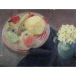 Ruticka Kupcikova (Czech b.1935), Still life of primroses and fruit in a bowl, oil on card, signed