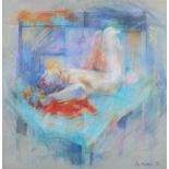 ARR By and after Sue Mallin, female nude reclining with knees drawn up, colour print, signed and no.