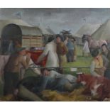 C*** M*** James, mid 20th century, country fair scene with figures and stock, oil on board, signed