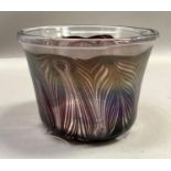 A George Elliott Bewdley art glass vase, 1976, aubergine swirls in clear iridescent glass, etched