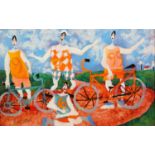 Harold Bilson (Iceland b.1948), Four Cyclists, oil on board, signed twice in black and green to