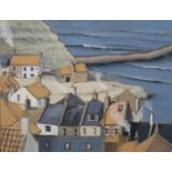 ARR Lucy Wilson (20th century), Staithes rooftops and harbour, oil and incised on panel, signed