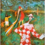 Harold Bilson (Iceland b.1948), Harlequin and Bird, oil on board, signed twice to lower right, 15.