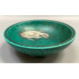 Gustavberg, Sweden, c.1960s, Argenta ware, a green mottled glaze and white metal dish, circular,