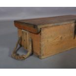 A pine box, rectangular, with iron hasp and rope carrying handles, 66cm x 32cm