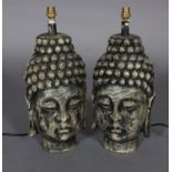 A pair of buddha bust table lamps with black shades, 51cm high, with shades 70cm high