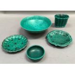 Gustavberg, Sweden, c.1960s, two green glaze and white metal Argenta ware pin dishes, 10.75cm