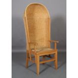 An Orkney chair, pale oak and skep work with hooded back, woven cord seat, on square framing, signed