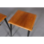 A pair of walnut veneered occasional tables c.1960s, square outline on ebonised tapered and