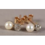 A PAIR OF DIAMOND AND PEARL STUD EARRINGS c.1930 each collet set with an Old European cut diamond