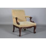 AN 18TH CENTURY REVIVAL MAHOGANY OPEN ARMCHAIR, having a rectangular upholstered back, arm pads