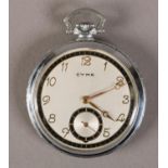 AN ART DECO POCKET WATCH by Cyma in open faced chrome case No. 01820653327 with barley corn bezel,