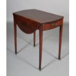 A GEORGE III FIGURED MAHOGANY PEMBROKE TABLE HAVING TWIN OVAL DROP LEAVES, drawer to apron with