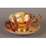 A ROYAL WORCESTER FRUIT PAINTED CABINET CUP AND SAUCER signed Ricketts, the cup internally painted