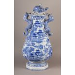 A LARGE 19TH CENTURY ENGLISH BLUE AND WHITE WILLOW PATTERN POT POURRI VASE AND COVER, of chinoiserie