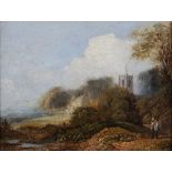 ENGLISH SCHOOL MID 19TH CENTURY Near Newhaven Landscape with church tower and figure on a pathway,