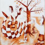 Harold Bilson (Iceland b.1948), Three Harlequins; Harlequin figures, dog and tree, a pair, oil on
