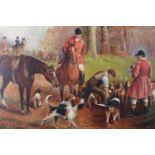 HENRY H HARRIS (20th century), Digging Out the Fox, huntsmen and hounds in a forest clearing, oil on