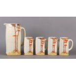 A CLARICE CLIFF BIZARRE 'CORAL FIRS' five piece lemonade or beer set comprising cylindrical ribbed