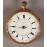 A VICTORIAN POCKET WATCH BY M J RUSSELL LONDON in 18ct gold case No. 10217 (at fault - missing bow